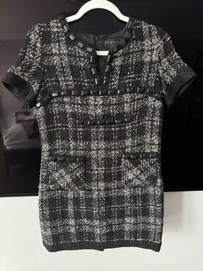 Black & White Tweed Mini Dress with Embellished Trim